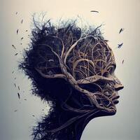 artistico ritratto di un' femmina testa con albero radici e uccelli., ai generativo Immagine foto