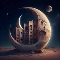 mezzaluna Luna e moschea nel il deserto. 3d resa., ai generativo Immagine foto