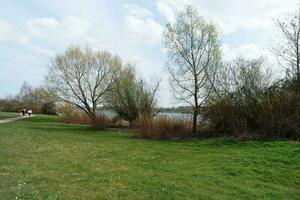 Basso angolo Visualizza di volontà lago parco con Locale e turista pubblico godendo il bellezza di lago e parco di a piedi in giro con loro famiglie. metraggio era catturato su 09-aprile-2023 a Milton keynes UK foto