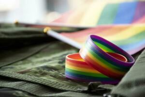 arcobaleno bandiera e arcobaleno braccialetti su camuffare sfondo, concetto per celebrazioni di lgbt persone nel orgoglio mese in giro il mondo, morbido e selettivo messa a fuoco su braccialetto. foto