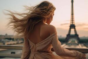una volta nel Parigi. indietro bellissimo sottile elegante ragazza con lungo capelli nel vento contro eiffel Torre. generativo ai. foto