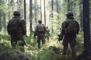 indietro di gruppo soldati nel in profondità foresta. speciale forze guerra operazione. generativo ai. foto