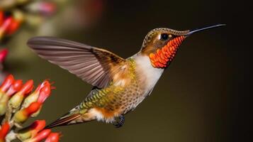 il bellissimo in via di estinzione ruvido colibrì - selasphorus rufus - generativo ai. foto
