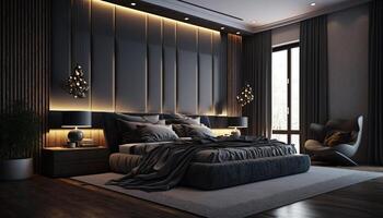 moderno elegante interno di il Hotel camera, un' grande addormentato letto nel buio toni nel luce del giorno, generativo ai. foto