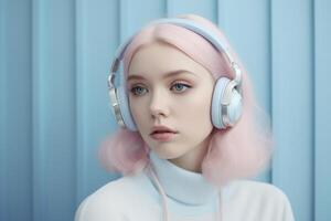 giovane donna list musica con senza fili cuffie creato con generativo ai foto