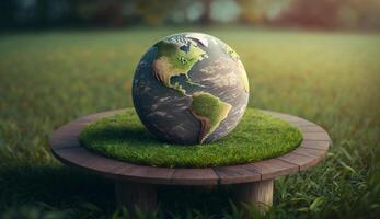 illustrazione di pianeta terra su il tavolo e erba, globo su il tavolo erba, generativa ai foto