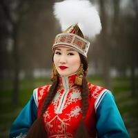 ai generato bellissimo kazakh asiatico donna ritratto nel nazionale costume. donna con bambino foto