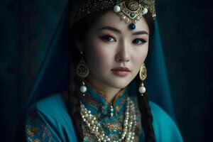 ai generato bellissimo kazakh asiatico donna ritratto nel nazionale costume. donna con bambino foto