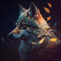 illustrazione di un' lupo con autunno le foglie su un' buio sfondo., ai generativo Immagine foto