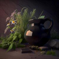illustrazione di erbe aromatiche e spezie nel argilla vaso su nero sfondo, ai generativo Immagine foto
