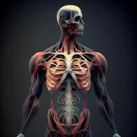 3d illustrazione di umano scheletro anatomia con muscolo mappe al di sopra di buio sfondo, ai generativo Immagine foto