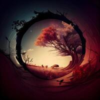 fantasia paesaggio con alberi e uccelli nel il modulo di un' cerchio, ai generativo Immagine foto