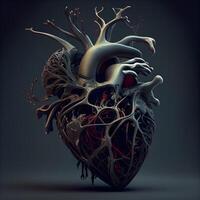 umano cuore su un' buio sfondo. 3d rendering, 3d illustrazione., ai generativo Immagine foto