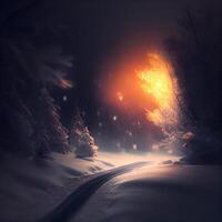 nebbioso inverno foresta con neve coperto alberi e strada a notte, ai generativo Immagine foto