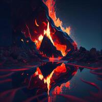 ardente fuoco nel il notte con riflessione nel acqua. 3d illustrazione, ai generativo Immagine foto
