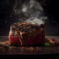grigliato Manzo bistecca con spezie e erbe aromatiche su un' nero sfondo., ai generativo Immagine foto
