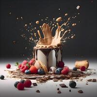 cioccolato Cupcake con frutti di bosco e spruzzi su un' nero sfondo, ai generativo Immagine foto