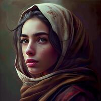 ritratto di un' bellissimo giovane donna nel un' foulard., ai generativo Immagine foto