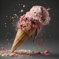 cioccolato ghiaccio crema nel cialda cono con spruzzi su buio sfondo, ai generativo Immagine foto