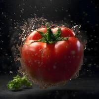 fresco rosso pomodoro caduta in acqua con spruzzata, isolato su nero sfondo, ai generativo Immagine foto