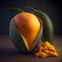 Mango frutta con foglia su un' buio sfondo. 3d illustrazione, ai generativo Immagine foto