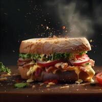 Sandwich con prosciutto, formaggio, lattuga, pomodori e cipolla su nero sfondo, ai generativo Immagine foto