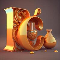 3d interpretazione di lettera io nel d'oro stile con vaso e mezzaluna, ai generativo Immagine foto
