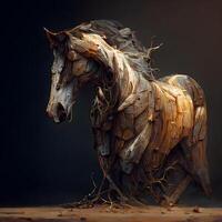 cavallo fatto di Driftwood su nero sfondo. 3d rendering, ai generativo Immagine foto