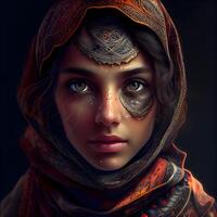 ritratto di un' bellissimo donna nel un' foulard. bellezza, moda., ai generativo Immagine foto