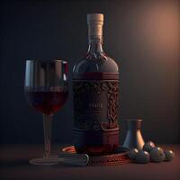 bottiglia di rosso vino e bicchiere con olive su buio sfondo, ai generativo Immagine foto