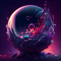 3d illustrazione di un' Magia cristallo palla con acqua e bolle dentro, ai generativo Immagine foto