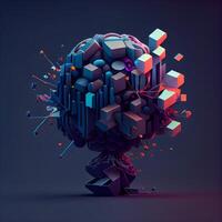 3d interpretazione di astratto umano cervello fatto di cubi su buio sfondo, ai generativo Immagine foto