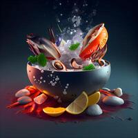 frutti di mare piatto su un' buio sfondo. 3d illustrazione, ai generativo Immagine foto