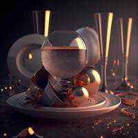 vino bicchiere e Natale palline su un' piatto. 3d rendering, ai generativo Immagine foto