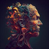 artificiale intelligenza concetto. 3d interpretazione di umano testa con colorato astratto sfondo., ai generativo Immagine foto