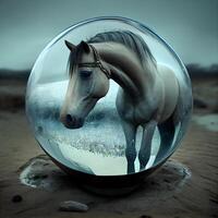 cavallo nel un' bicchiere palla su il spiaggia. 3d rendering, ai generativo Immagine foto