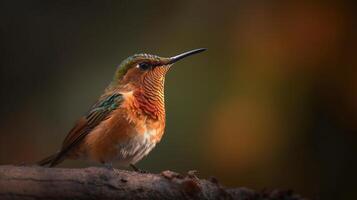 il bellissimo in via di estinzione ruvido colibrì - selasphorus rufus - generativo ai. foto