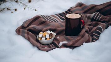 caldo cioccolato su neve sfondo. illustrazione ai generativo foto