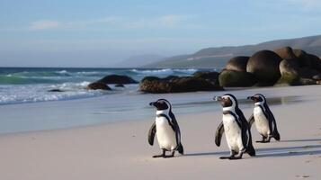 africano pinguini su un' spiaggia. illustrazione ai generativo foto