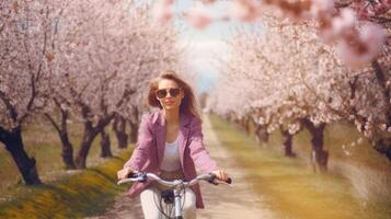 ragazza cavalcate bicicletta nel sakura parco. illustrazione ai generativo foto