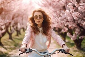 ragazza cavalcate bicicletta nel sakura parco. illustrazione ai generativo foto