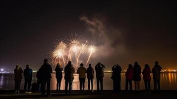gruppo di persone Guardando fuochi d'artificio. illustrazione ai generativo foto