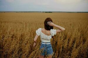 donna a piedi nel il campo paesaggio la libertà indietro Visualizza foto