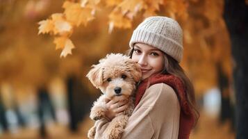 autunno ragazza con cane. illustrazione ai generativo foto