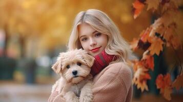 autunno ragazza con cane. illustrazione ai generativo foto