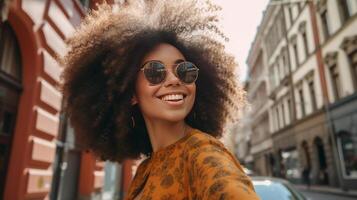 bellissimo ragazza con Riccio capelli. illustrazione ai generativo foto