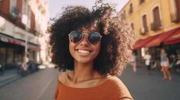 bellissimo ragazza con Riccio capelli. illustrazione ai generativo foto