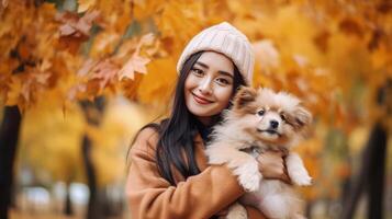 autunno ragazza con cane. illustrazione ai generativo foto