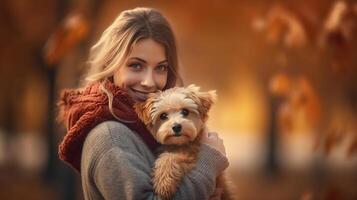 autunno ragazza con cane. illustrazione ai generativo foto