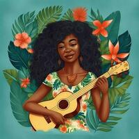 un africano donna giocando ukulele circondato di fiore. creare ai foto